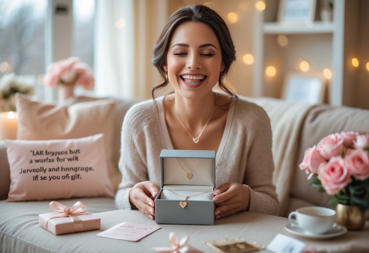 A woman smiling with surprise as she opens a jewelry box containing a necklace, surrounded by warm, cozy surroundings and subtle symbols of love and connection.