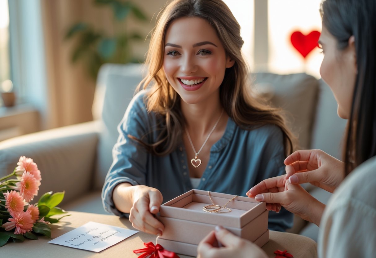 A woman smiling happily as she receives a jewelry box with a necklace inside, surrounded by symbols of love and affection in a cozy room.