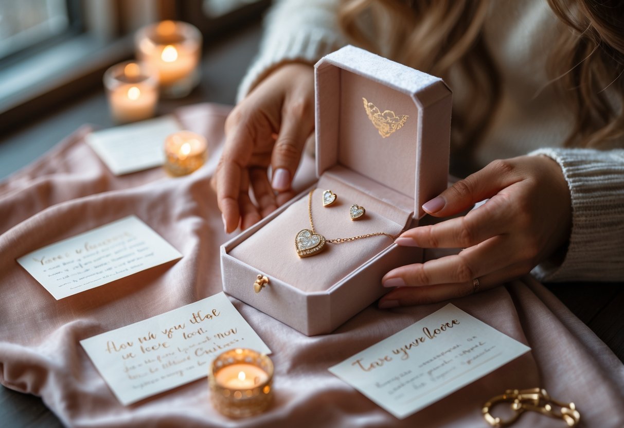 A woman’s hands holding a handwritten note next to an open jewelry box containing a heart-shaped necklace and earrings, surrounded by love notes on a soft cloth.