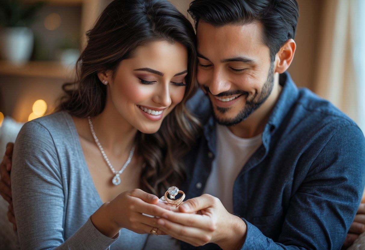 A woman smiling as her partner gives her a piece of elegant jewelry in a warm, intimate setting.