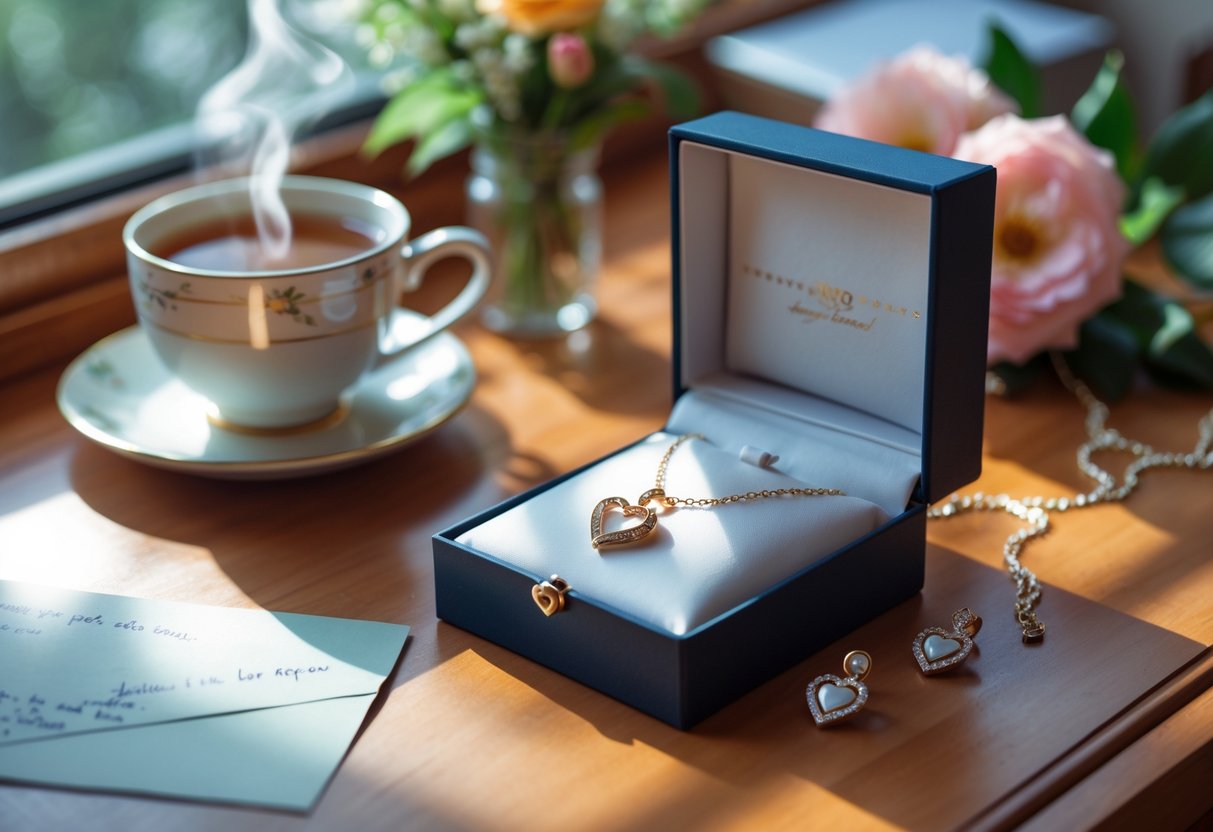 An open jewelry box on a wooden table displaying a heart-shaped necklace and earrings, surrounded by a handwritten note, a cup of tea, and fresh flowers.