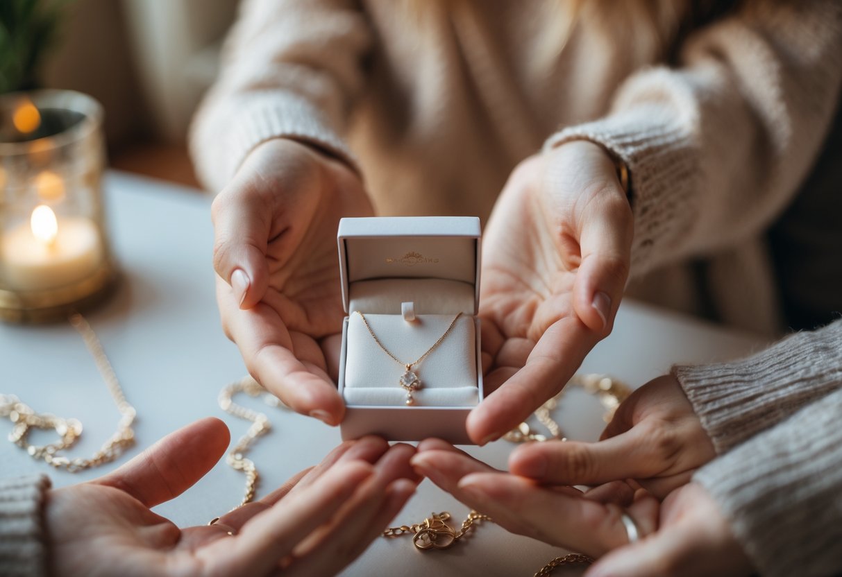 Close-up of a woman receiving an open jewelry box with a sparkling necklace inside from another person.
