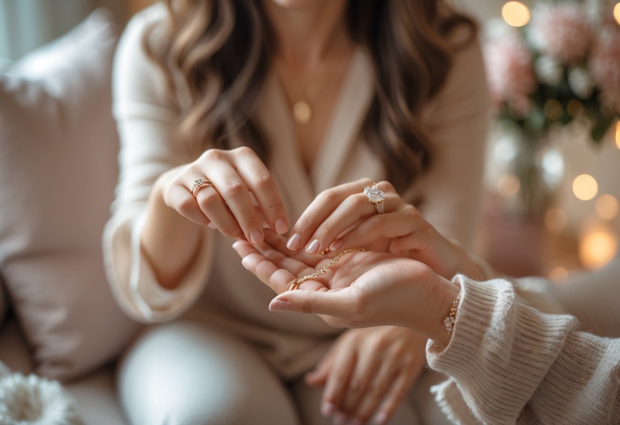 Two hands gently touching as one person gives a delicate piece of jewelry to the other in a warm, intimate setting.