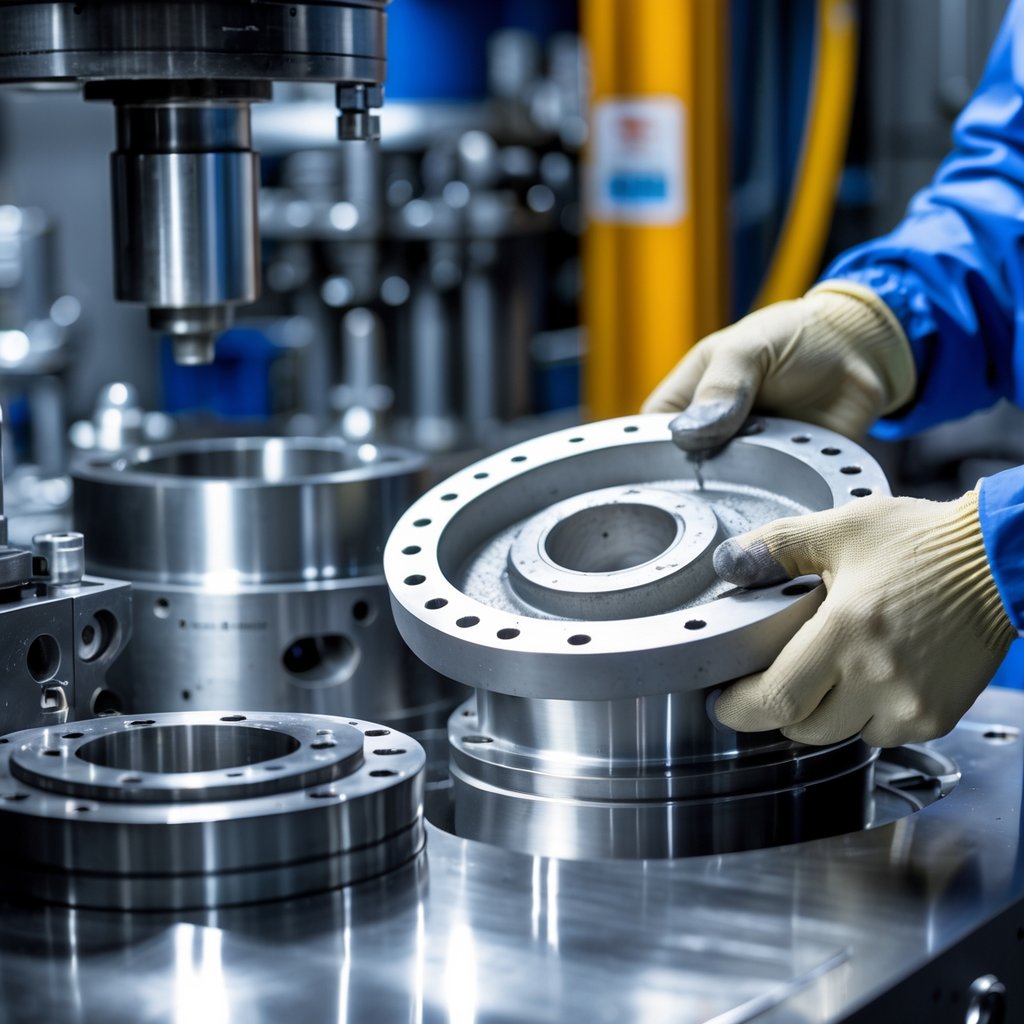 Close-up of a technician removing a shiny zinc metal part from a die casting mould in a clean industrial workshop.