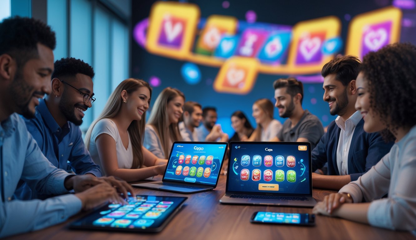 Sekelompok orang bermain game Capsa online menggunakan perangkat digital di ruangan modern yang terang.