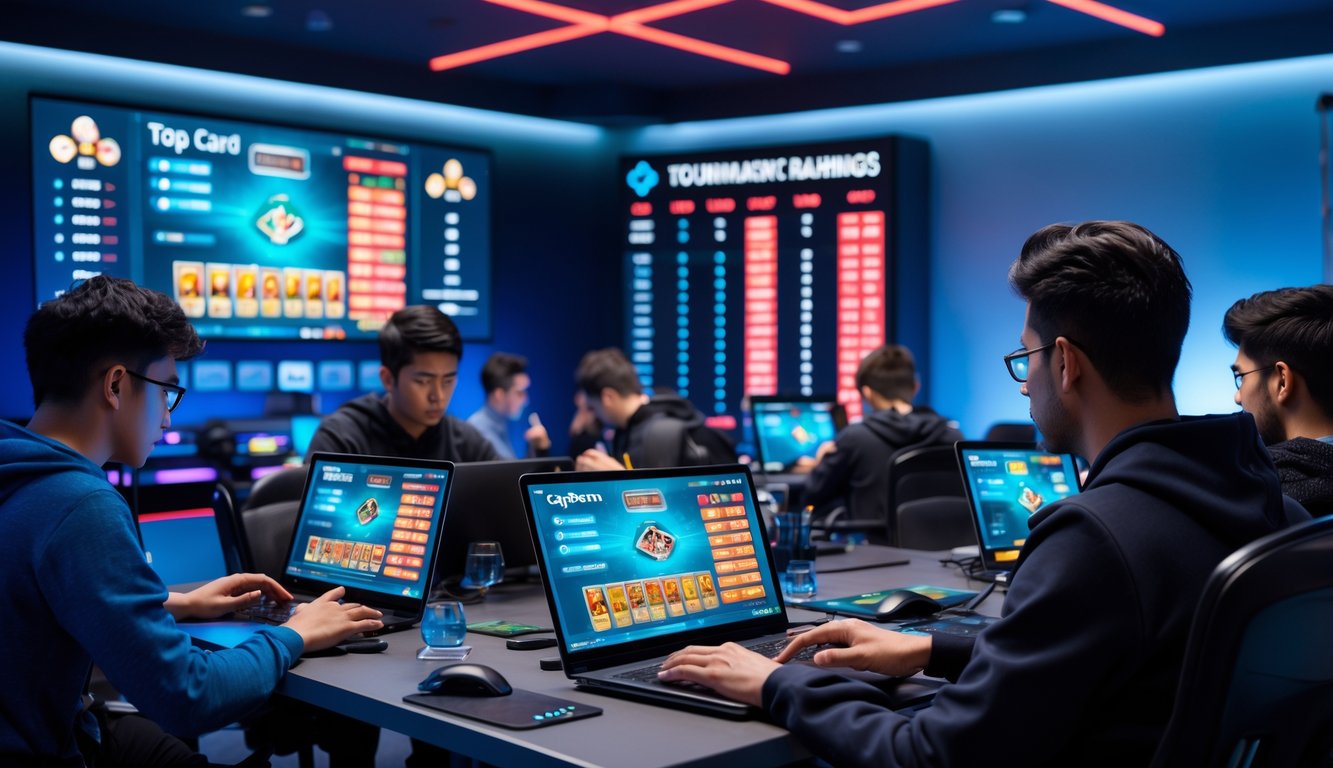 Beberapa orang sedang bermain game kartu Capsa secara online dalam turnamen besar dengan layar komputer dan papan skor digital di latar belakang.