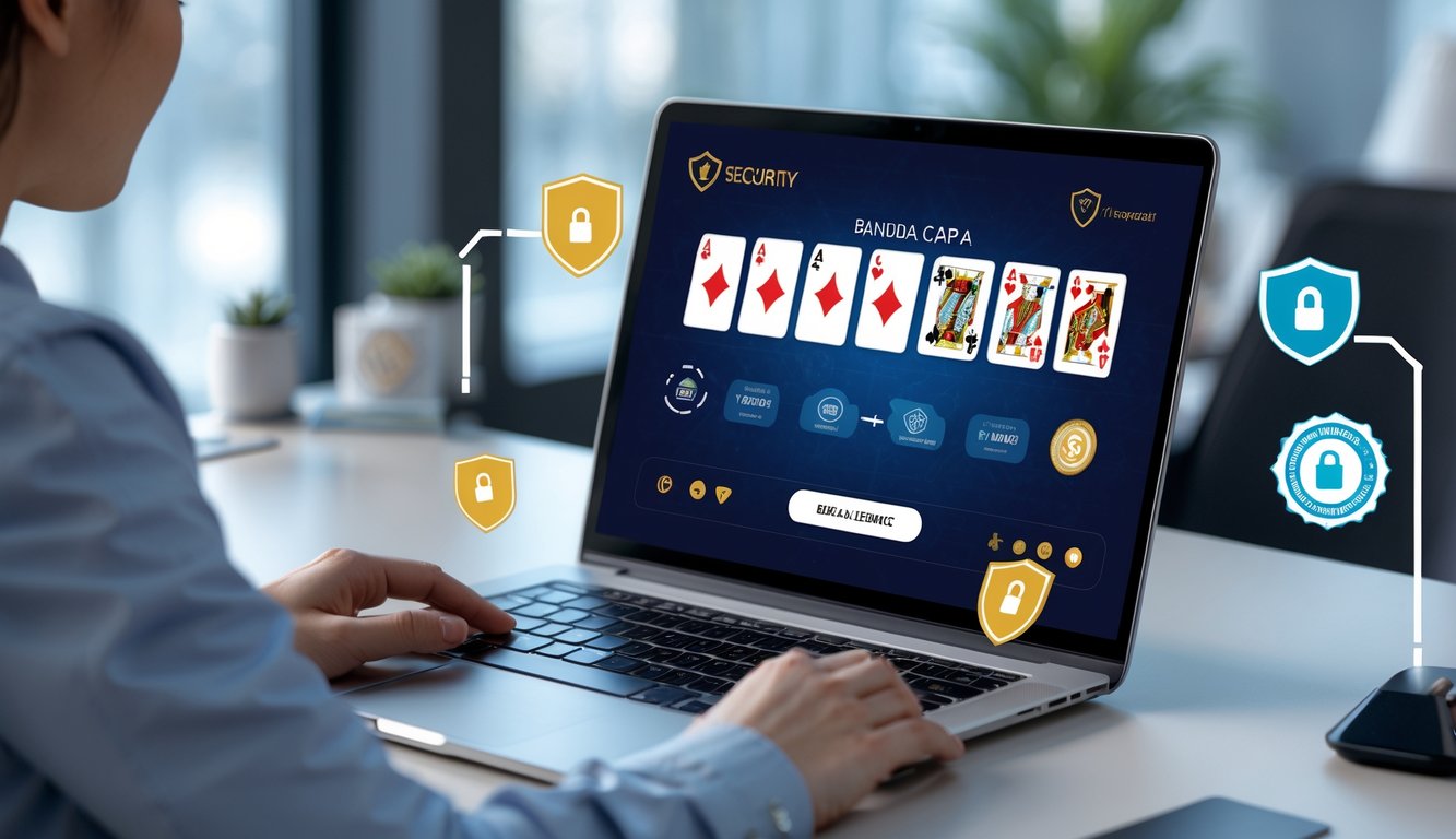 Seseorang menggunakan laptop dengan tampilan permainan kartu digital di meja kerja yang rapi dan terang.