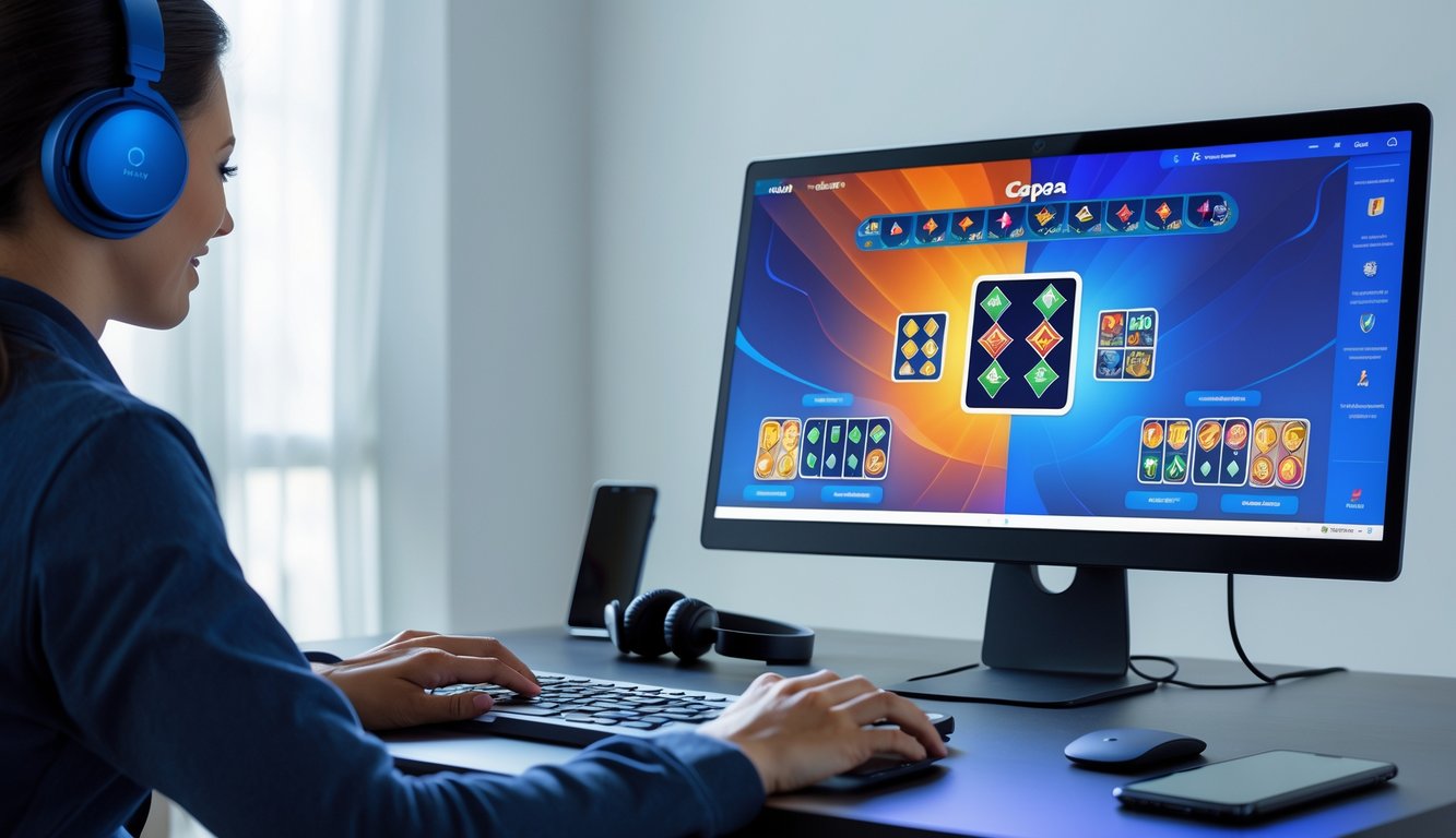 Seseorang bermain game Capsa online di komputer dengan layar menampilkan kartu dan elemen permainan.