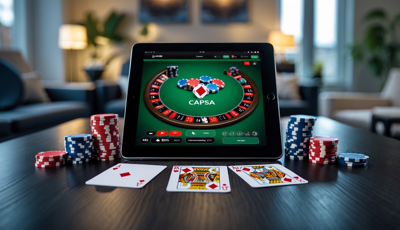 Meja dengan tablet yang menampilkan permainan Capsa online, kartu remi dan chip poker tertata rapi di sekitarnya.