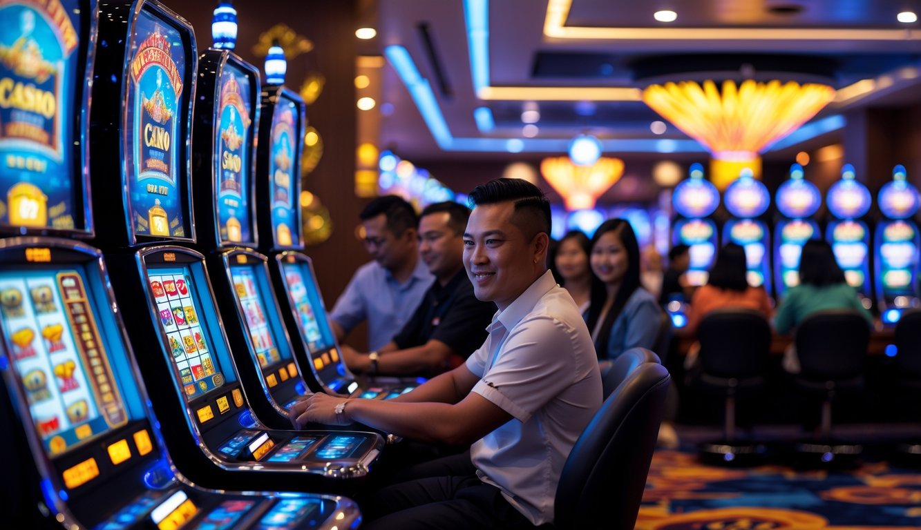 Suasana kasino modern dengan deretan mesin slot berwarna-warni dan para pemain yang sedang menikmati permainan.