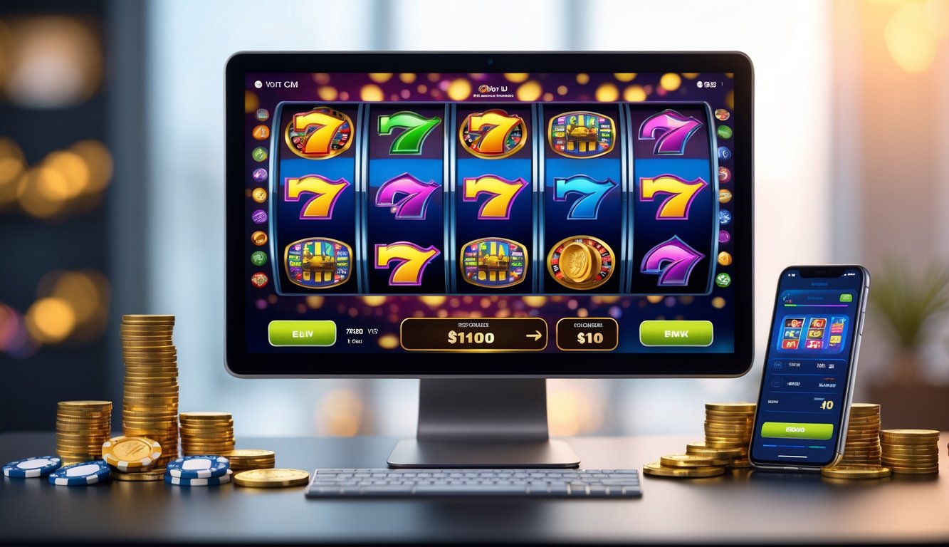 Sebuah meja kerja modern dengan komputer menampilkan permainan slot online yang berwarna-warni dan koin emas serta chip poker di sekitarnya.