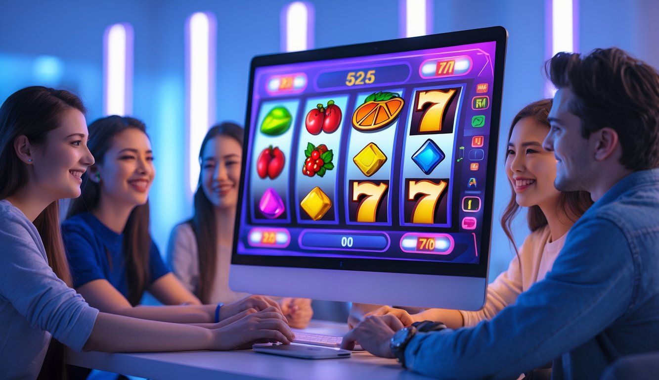Sekelompok orang muda bermain mesin slot online di depan layar komputer dalam ruangan dengan pencahayaan neon.