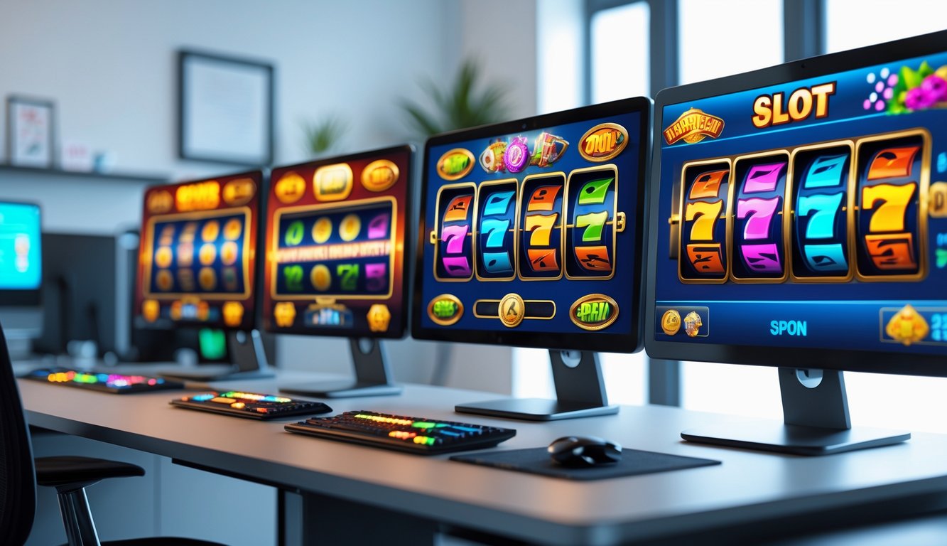 Suasana ruang kerja dengan beberapa monitor menampilkan permainan slot online yang berwarna-warni dan menarik.