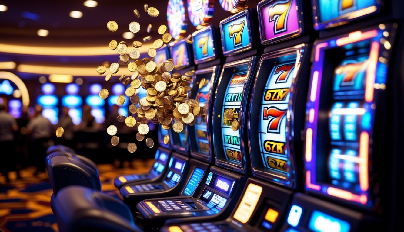 Mesin slot yang sedang mengeluarkan koin dengan latar belakang kasino yang ramai dan penuh cahaya.