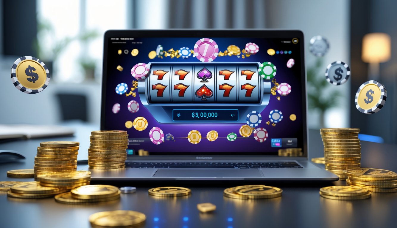 Seorang pengguna sedang bermain kasino online di laptop dengan tumpukan chip poker dan koin emas di meja.