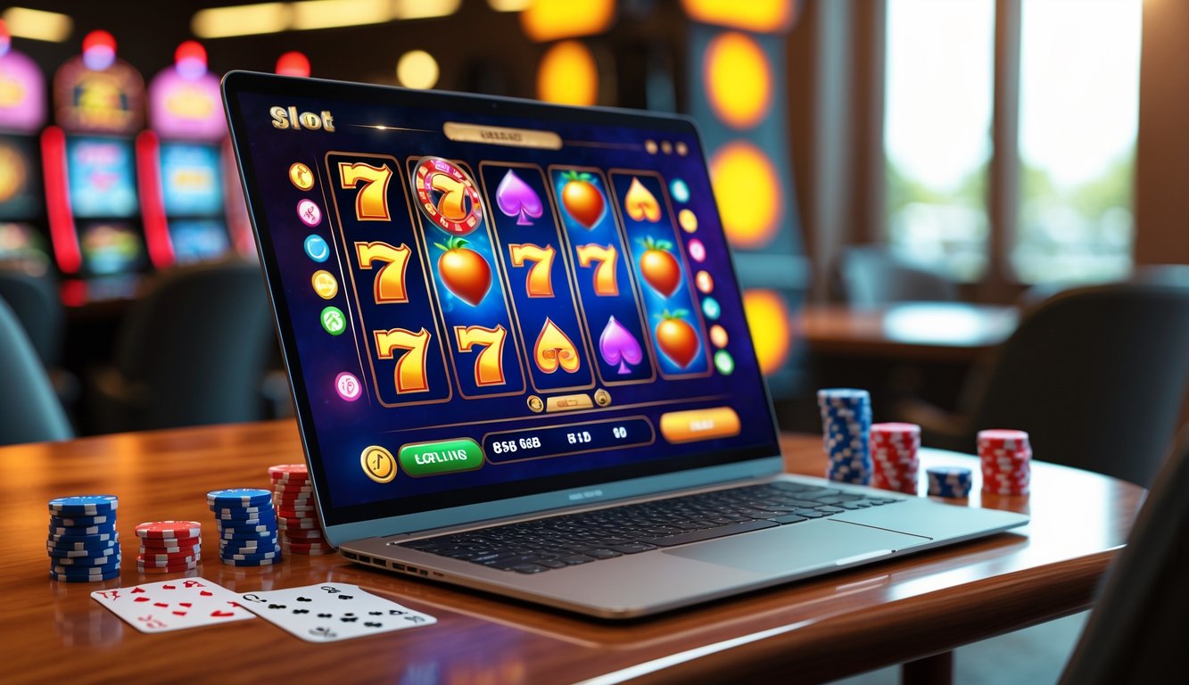 Layar komputer menampilkan permainan slot online dengan simbol warna-warni dan chip kasino di atas meja kayu.