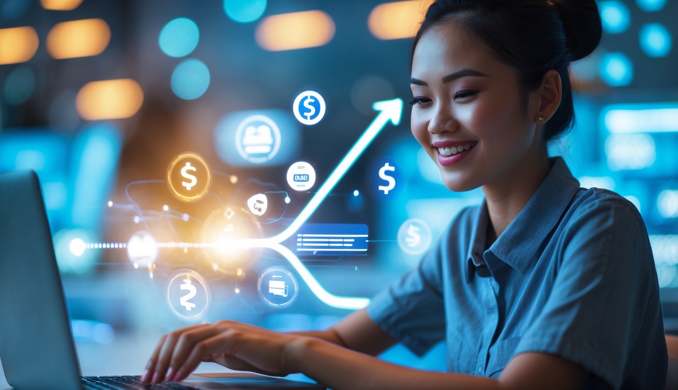 Seseorang menggunakan laptop atau ponsel dengan latar belakang elemen digital yang menunjukkan pembayaran cepat di kasino online.