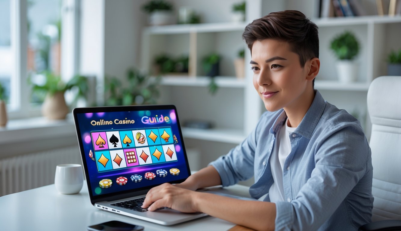 Seorang pemula bermain kasino online di laptop di ruang kerja yang rapi dan terang.