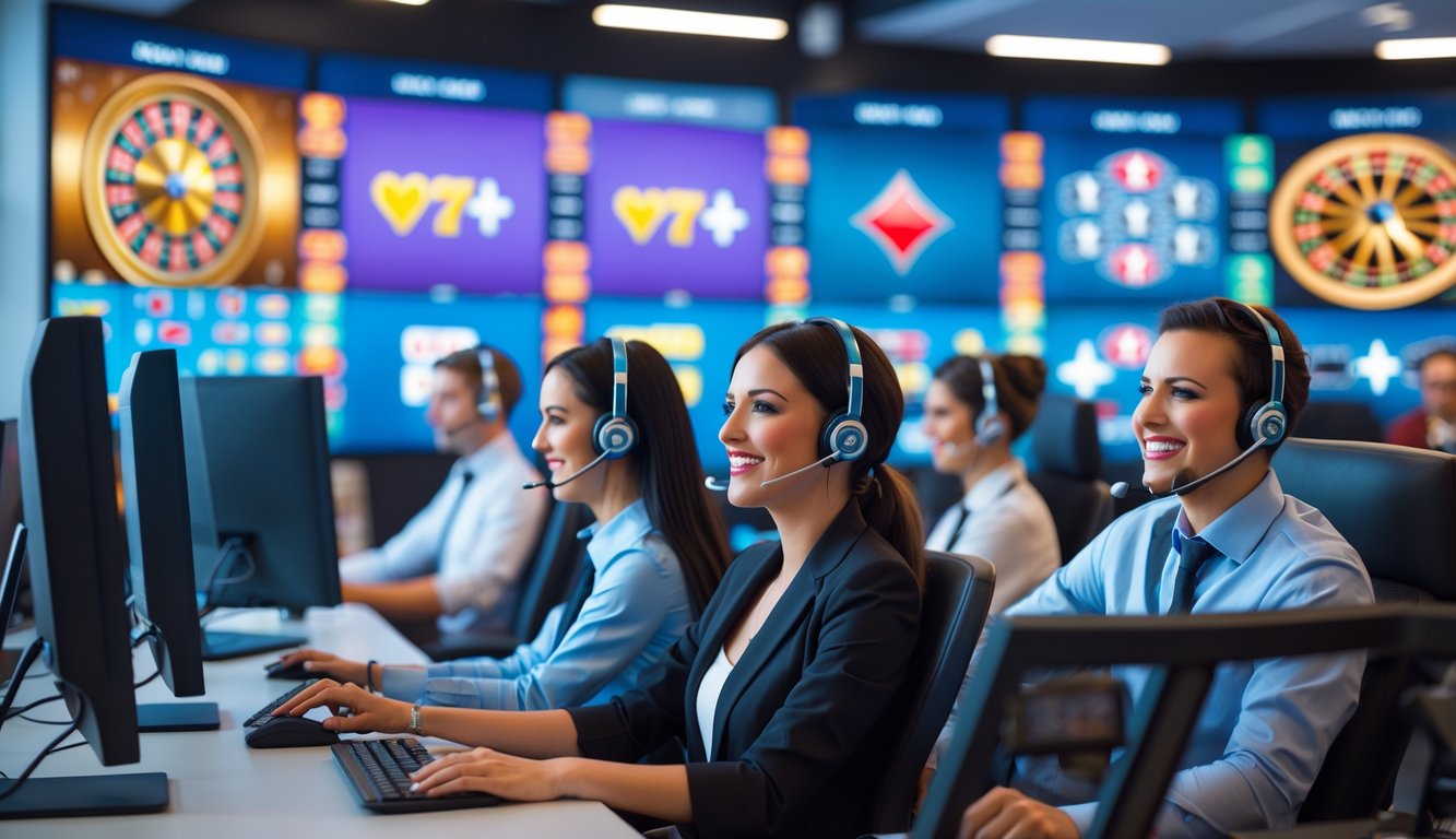 Tim layanan pelanggan kasino online yang sedang bekerja dengan headset di pusat layanan modern.