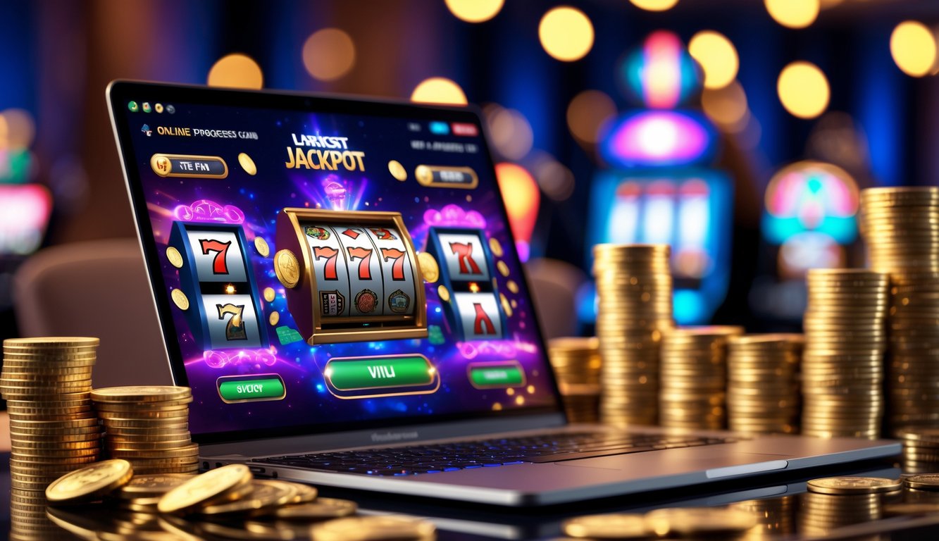 Sebuah laptop menampilkan permainan kasino online dengan simbol jackpot progresif, dikelilingi oleh tumpukan chip poker dan koin emas.