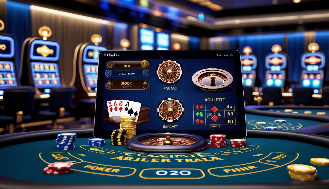 Tampilan antarmuka kasino online dengan berbagai permainan meja seperti poker, blackjack, roulette, dan baccarat.