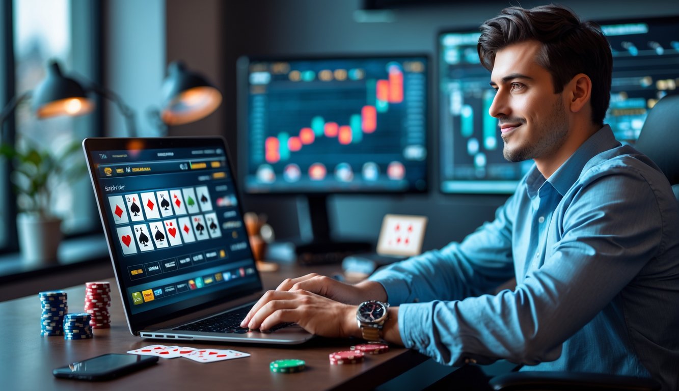 Seorang pria muda duduk di depan laptop, fokus bermain kasino online dengan kartu dan chip di meja.