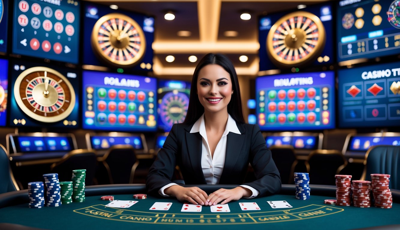 Seorang dealer live casino wanita tersenyum duduk di meja permainan dengan kartu dan chip, di latar belakang layar besar menampilkan permainan kasino online.