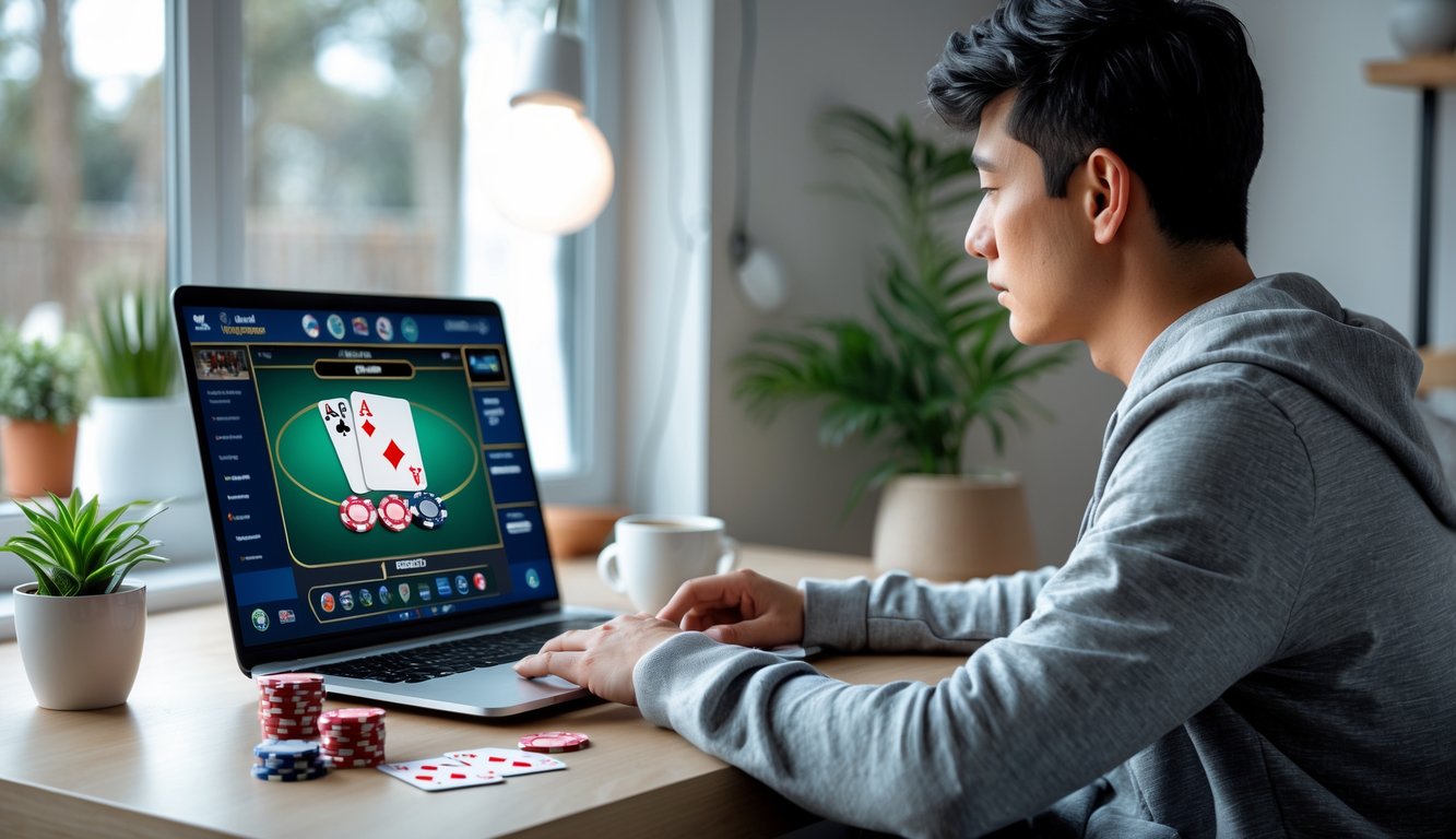 Seorang pemula sedang bermain poker online di laptop di meja dengan suasana rumah yang nyaman.