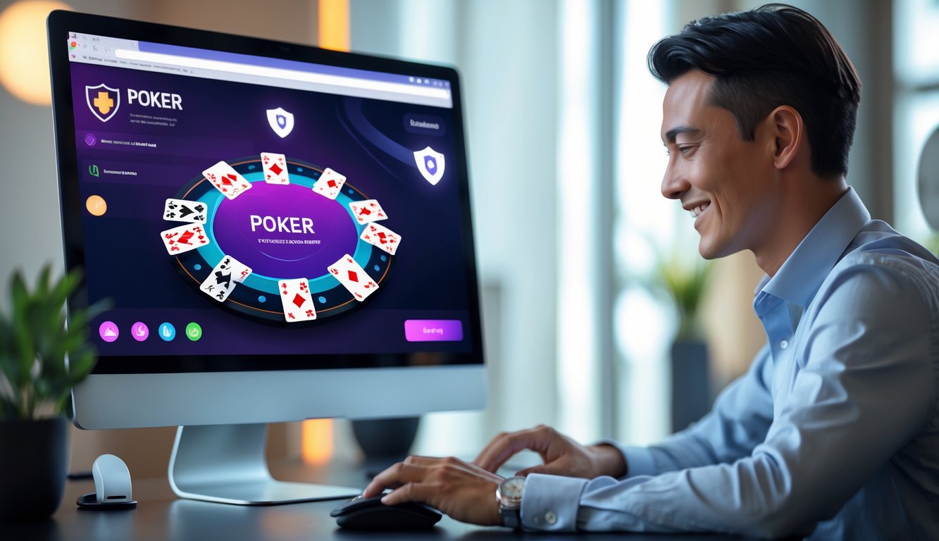 Seorang pria duduk di depan komputer dengan tampilan permainan poker online di layar, terlihat percaya diri dan fokus.