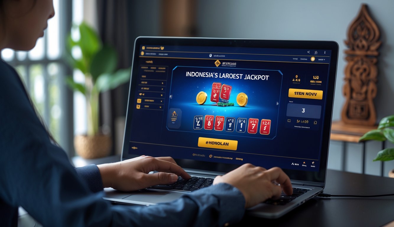 Seseorang sedang bermain poker online di depan komputer dengan suasana ruangan yang nyaman dan elemen dekorasi khas Indonesia.
