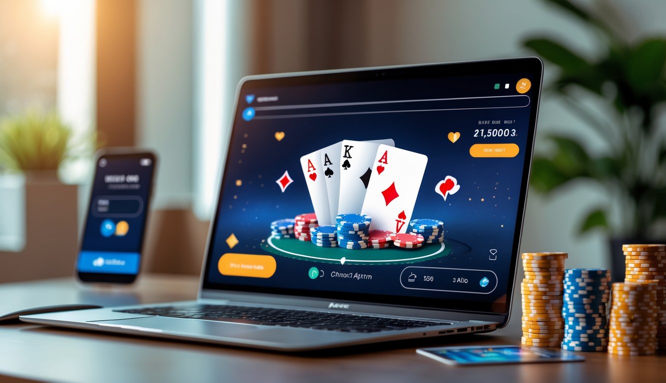 Seorang pemain poker online menggunakan laptop dengan tumpukan chip dan kartu poker di meja, menunjukkan suasana permainan poker uang asli.