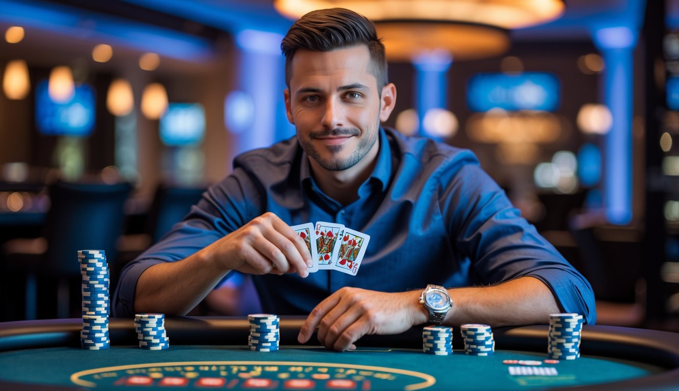 Seorang pria duduk di meja poker dengan kartu dan chip poker, tampak fokus dan percaya diri.