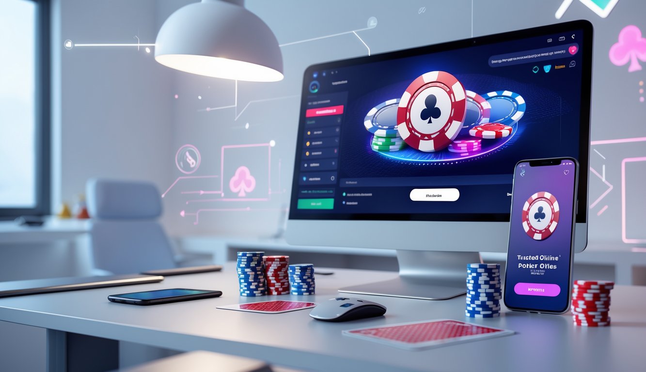 Sebuah meja kerja dengan komputer menampilkan permainan poker online, kartu remi, dan chip poker di sekitarnya.