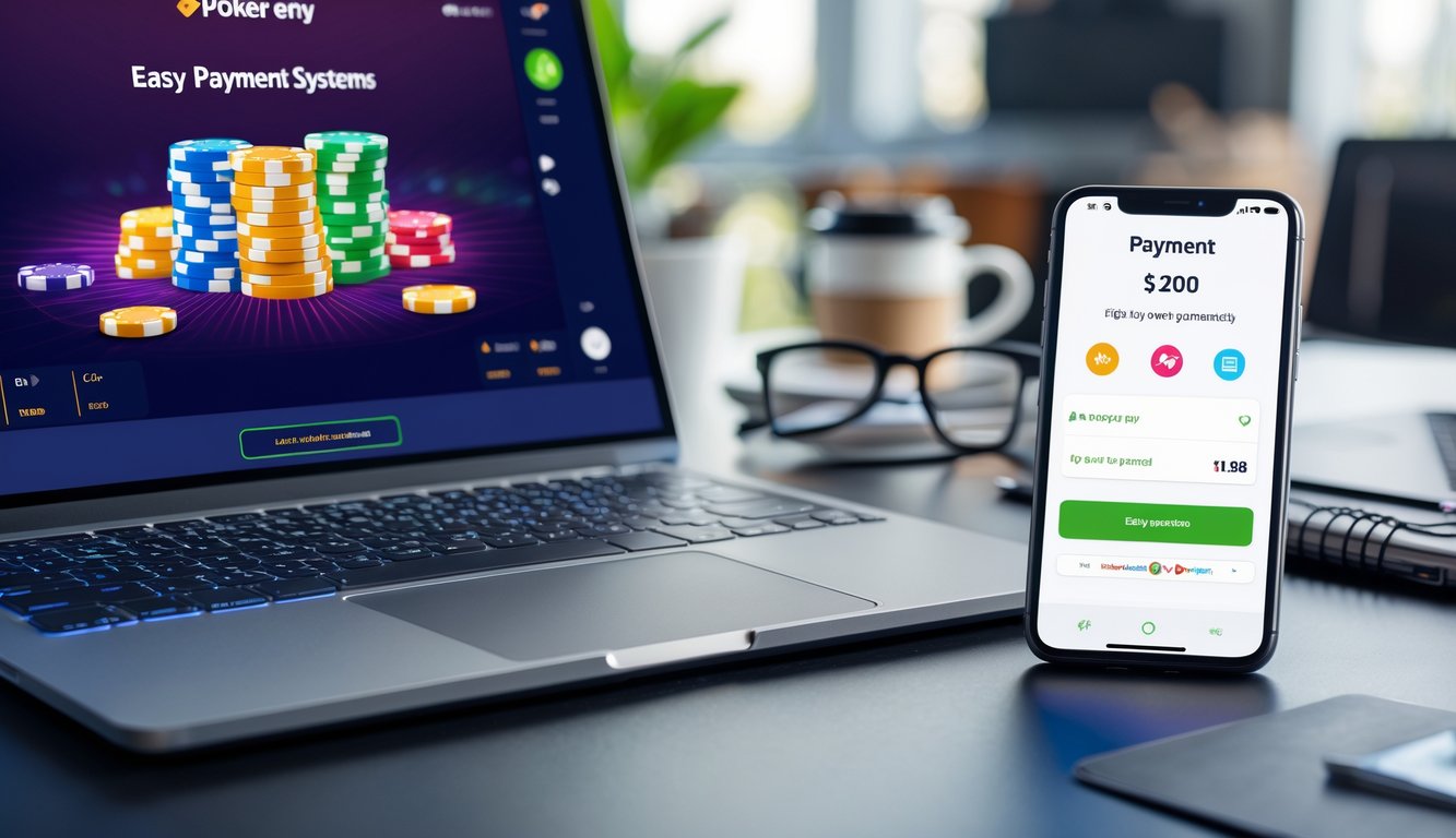 Seseorang bermain poker online menggunakan laptop dan smartphone di meja kerja yang rapi dengan suasana terang.