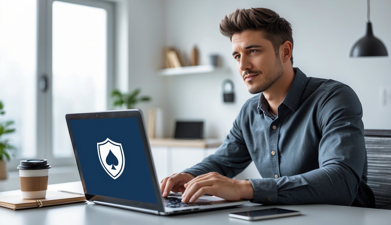 Seorang pria muda duduk di meja dengan laptop, sedang mencari situs poker online yang aman.