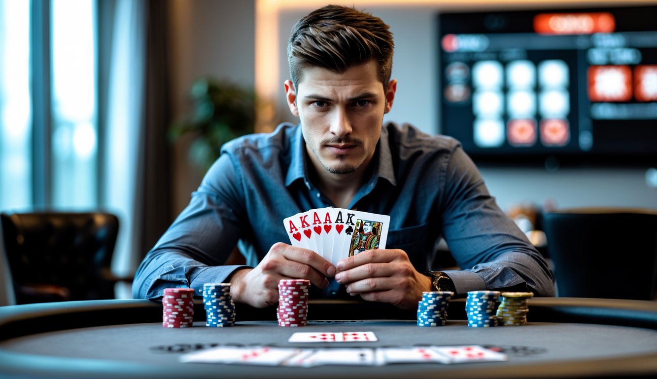 Seorang pria muda fokus bermain poker di meja dengan kartu dan tumpukan chip, di ruangan modern dengan layar digital di latar belakang.