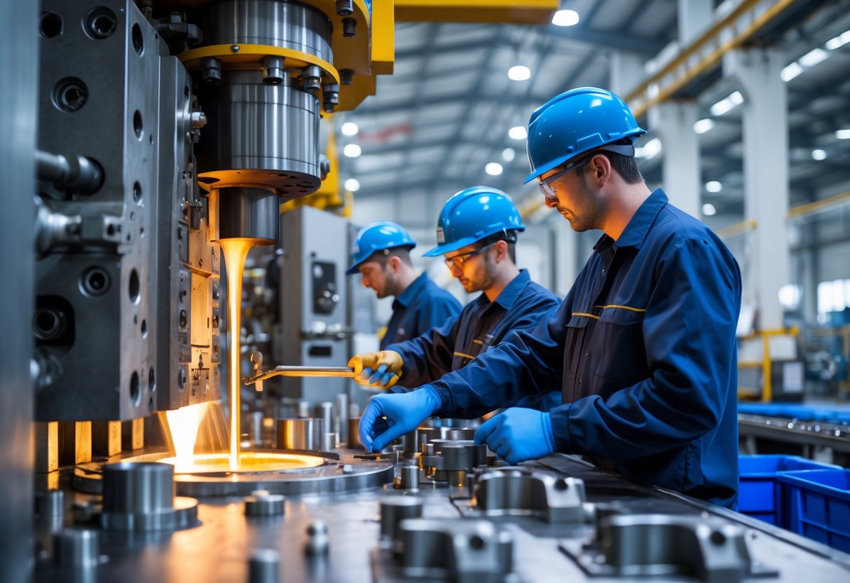Engineers monitoring zinc die casting machinery in a modern factory with molten metal being poured into molds.