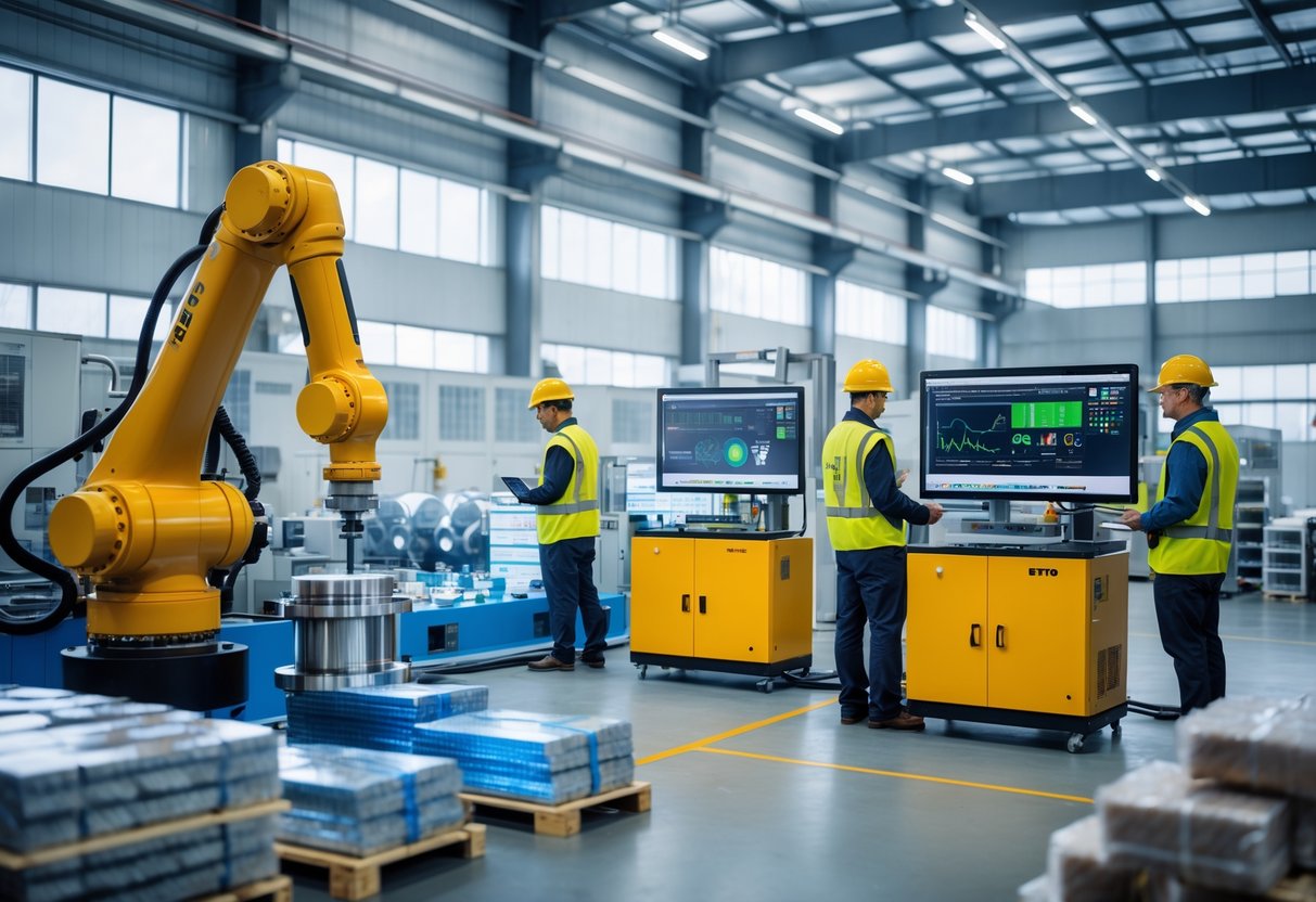 A modern factory with robotic machinery producing zinc die casting parts, engineers monitoring digital screens, and solar panels visible through windows.