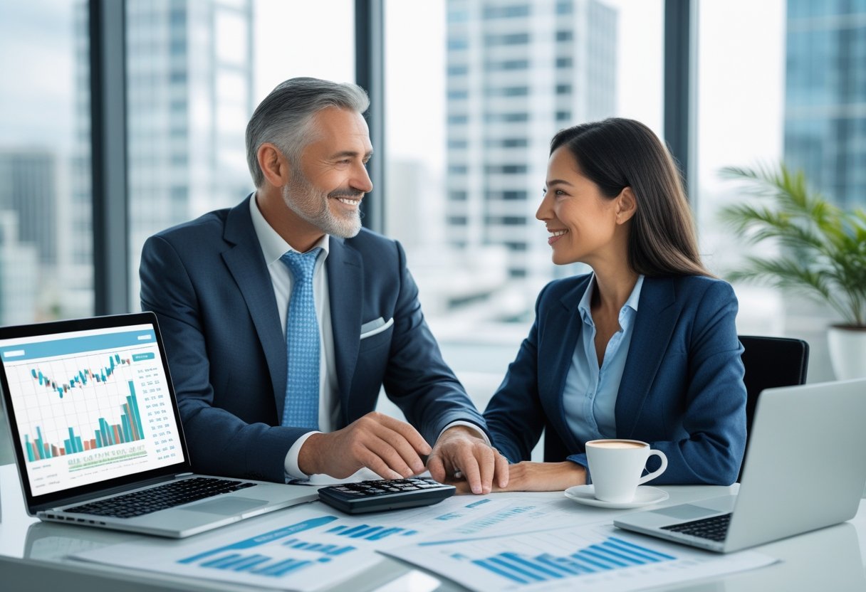 Two people reviewing financial documents and charts together at an office desk with a city view in the background.