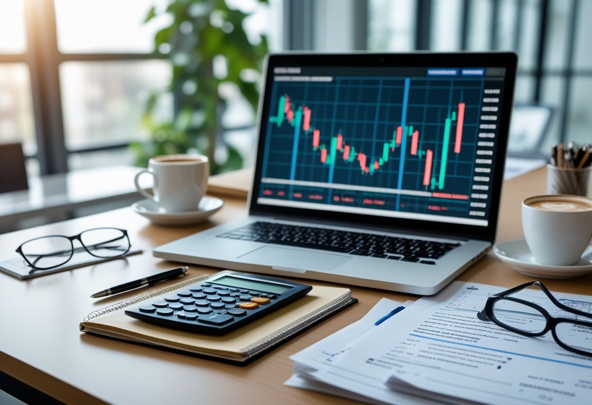 A person working at a desk with a laptop showing stock charts, a calculator, notebook, and coffee cup in a bright office.