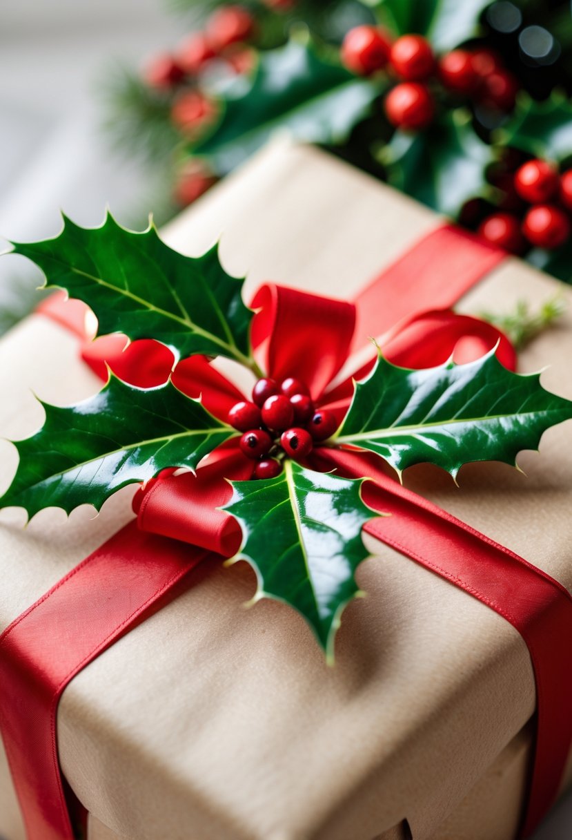 A gift wrapped in brown paper with holly sprigs and a red ribbon tied in a bow.