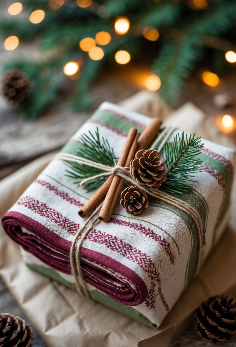 A Christmas gift wrapped in a patterned scarf tied with twine and decorated with evergreen sprigs and pine cones on a wooden surface.