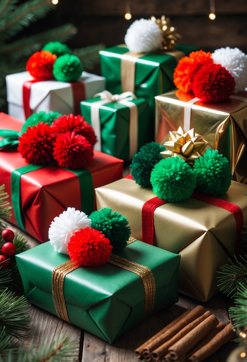 A collection of Christmas gifts wrapped in festive paper and decorated with colorful pom pom toppers arranged on a wooden surface with holiday greenery around.