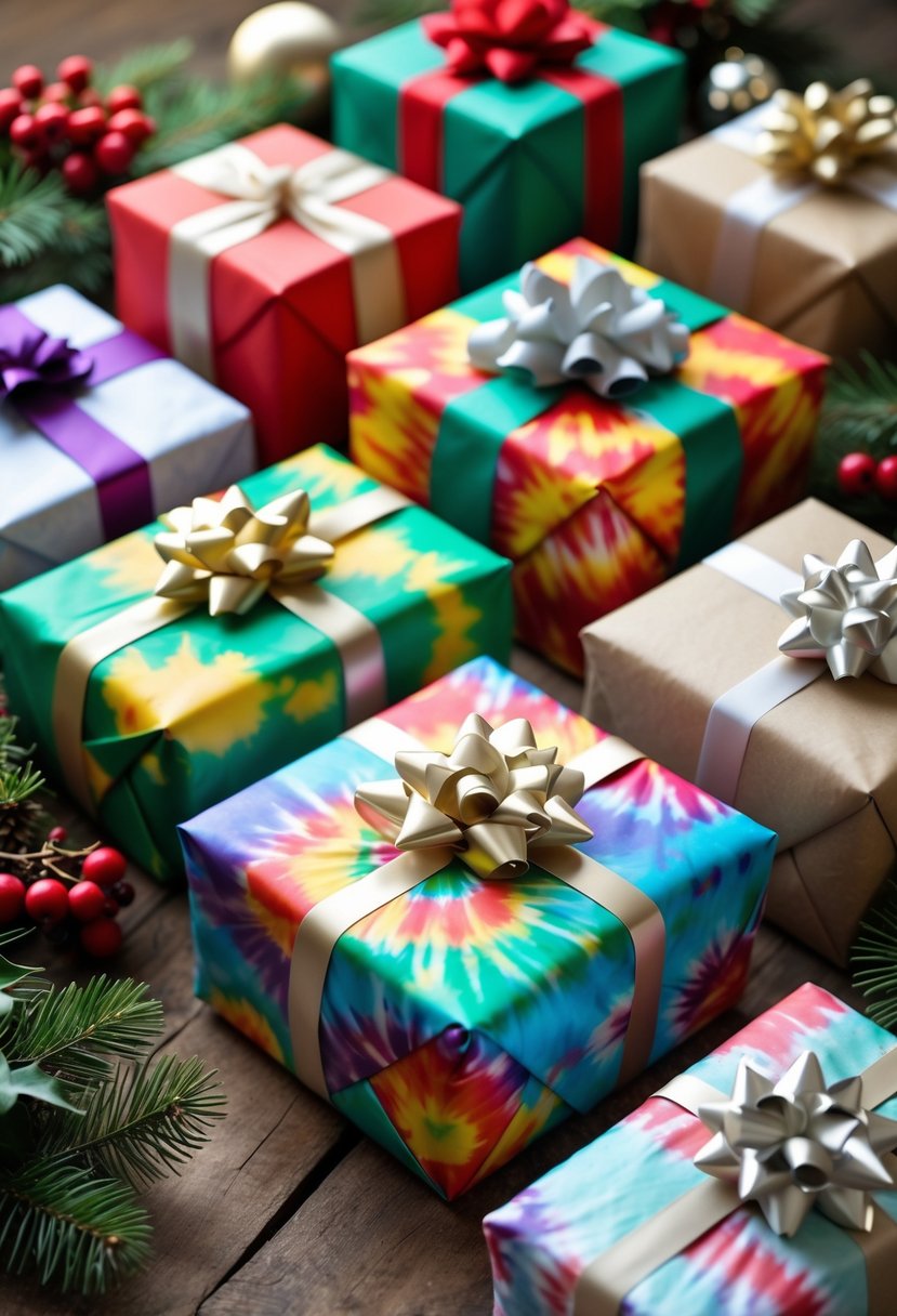 A collection of Christmas presents wrapped in colorful tie-dye patterned paper with ribbons, placed on a wooden surface with pine branches and holiday decorations around them.