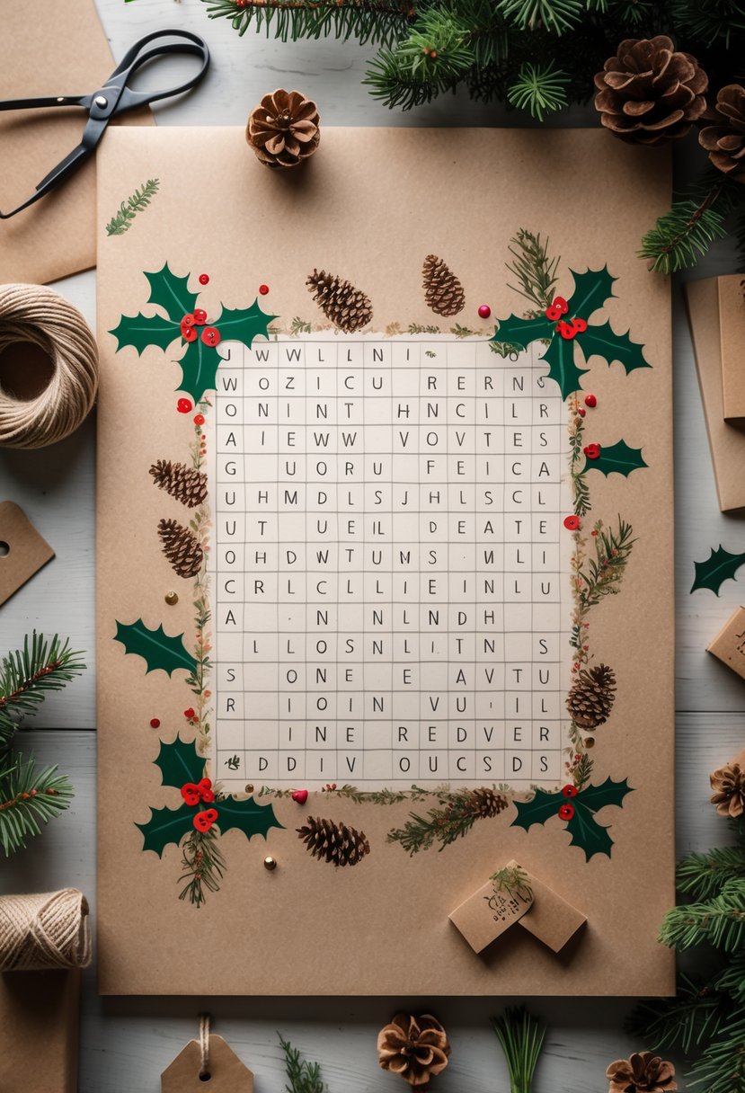 Flat lay of handmade Christmas wrapping paper with a word search puzzle design surrounded by festive wrapping supplies on a wooden surface.