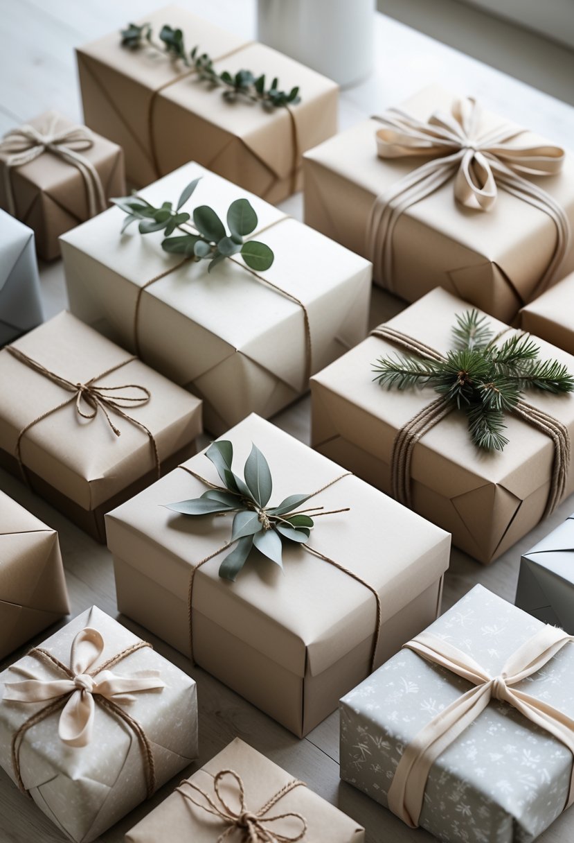 A group of Christmas gift boxes wrapped in neutral colors with natural decorations arranged on a wooden surface.