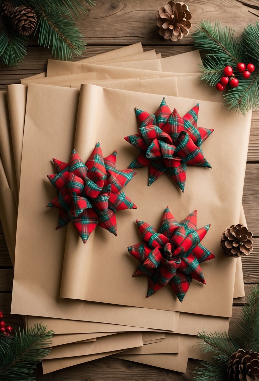 Rustic wooden surface with brown kraft paper and red plaid bows arranged with pine branches and pinecones for Christmas wrapping.