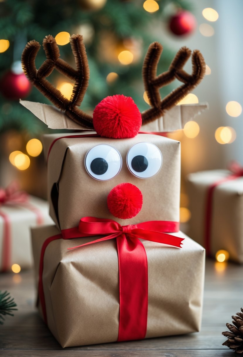 A wrapped Christmas gift decorated to look like a reindeer with googly eyes, a red nose, and antlers.