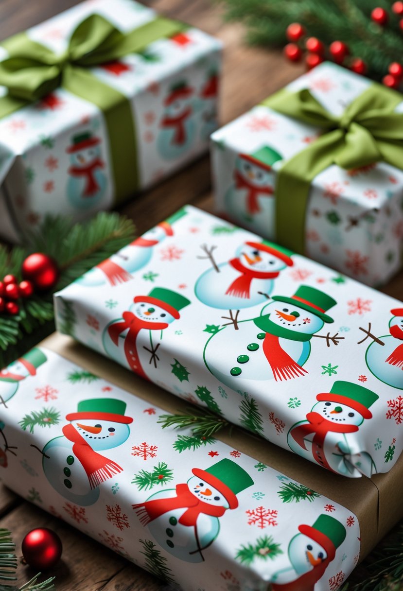 Wrapped Christmas gifts with colorful snowman patterned wrapping paper on a wooden surface surrounded by festive decorations.