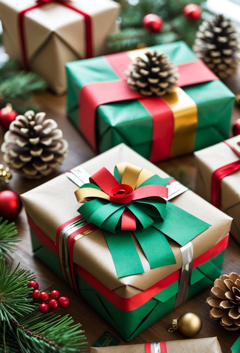 Several Christmas gifts wrapped with colored cardstock strips as decorative accents, placed on a wooden table with pine branches and festive ornaments around them.